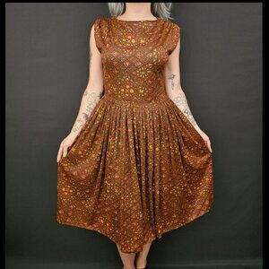 50s Brown Geometric Nylon Jersey Pleated Dress